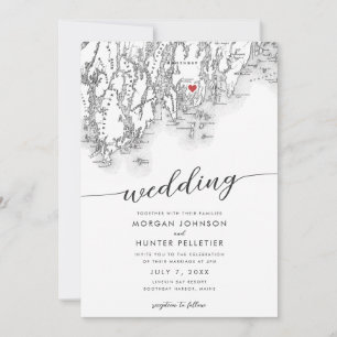 Minimal Modern Boothbay Harbour Maine Map Wedding Invitation