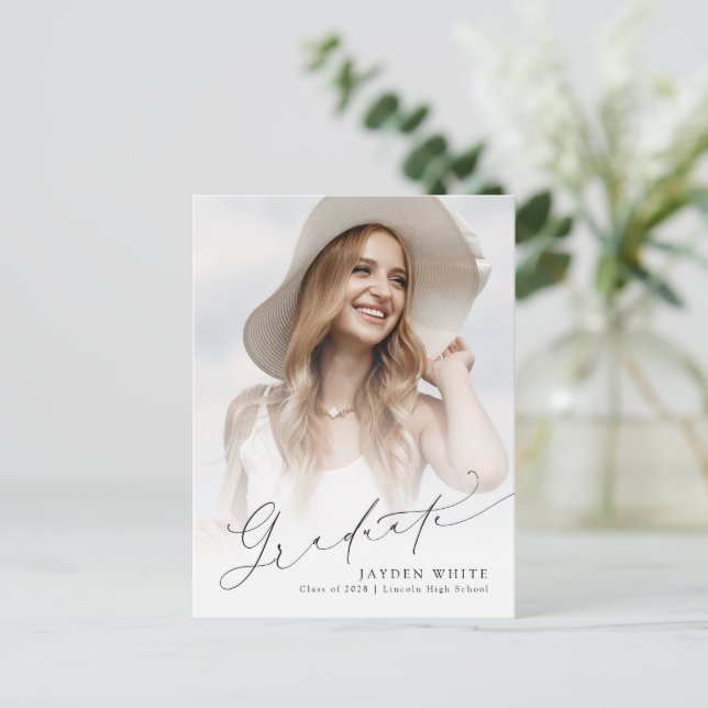 Minimal Modern Chic Script Photo Graduation invite Postcard (Standing Front)