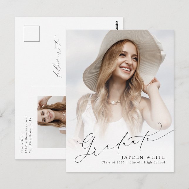 Minimal Modern Chic Script Photo Graduation invite Postcard (Front/Back)