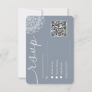 Minimal Modern Chick Dusty Blue Mandala QR Code RSVP Card