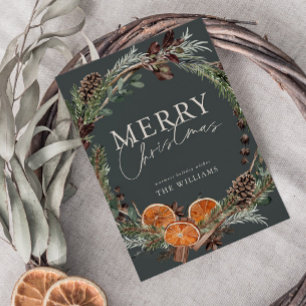 Minimal Modern Citrus Wreath Script Christmas Holiday Card