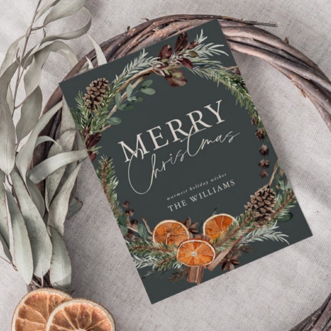 Minimal Modern Citrus Wreath Script Christmas Holiday Card (Creator Uploaded)