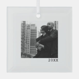 Minimal Modern Couples Photo Glass Ornament