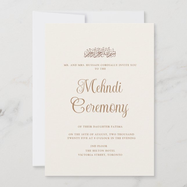 Minimal Modern Cream Henna Mehndi Muslim Ceremony Invitation (Front)