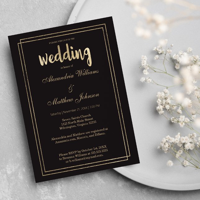 Minimal Modern Elegant Chic Black Gold Wedding Invitation Postcard (Minimal Modern Elegant Chic Black Gold Wedding )