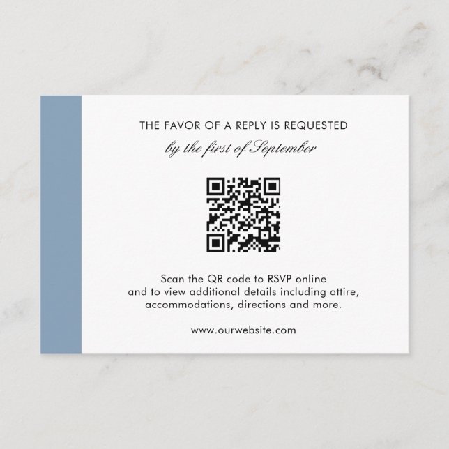 Minimal Modern Elegant Dusty Blue QR Code Wedding RSVP Card (Front)