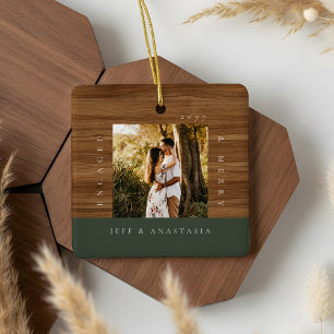 Minimal Modern Engaged & Merry 2 Photo Engagement Ceramic Ornament