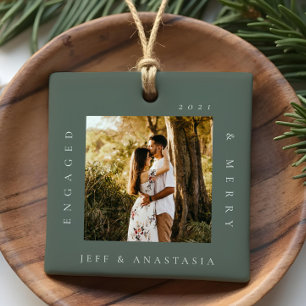 Minimal Modern Engaged & Merry 2 Photo Engagement Ceramic Ornament