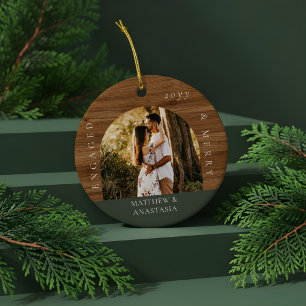 Minimal Modern Engaged & Merry 2 Photo Engagement Ceramic Ornament