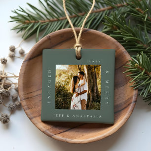 Minimal Modern Engaged & Merry 2 Photo Engagement Ceramic Ornament