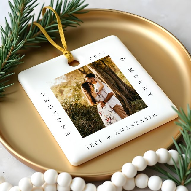 Minimal Modern Engaged & Merry 2 Photo Engagement Ceramic Ornament (Minimal Modern Engaged & Merry 2 Photo Engagement Ceramic Ornament)