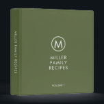 Minimal Modern Family Monogram Recipe Binder<br><div class="desc">Modern recipe binder features a minimalist design in an olive green and white colour palette. Personalized family name presented in the centre in stylish simple font with a complimentary minimal monogram medallion. Shown with a custom name and monogram initial on the front in modern typography, this personalized family recipe binder...</div>