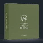 Minimal Modern Family Monogram Recipe Binder<br><div class="desc">Modern recipe binder features a minimalist design in an olive green and white colour palette. Personalized family name presented in the centre in stylish simple font with a complimentary minimal monogram medallion. Shown with a custom name and monogram initial on the front in modern typography, this personalized family recipe binder...</div>