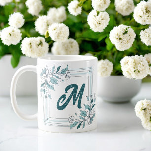 Minimal Modern Floral White and Green Monogram Coffee Mug