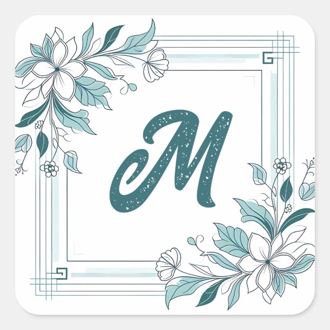 Minimal Modern Floral White and Green Monogram Square Sticker (Front)