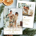 Minimal Modern Gold Script 2 Photo Merry Christmas Holiday Card<br><div class="desc">Minimalist Elegant Gold Script 2 Photo Merry Christmas Script Holiday Card. This festive, modern simple, two (2) photo holiday greeting card template featuring „Merry Christmas” text in a whimsical hand lettered whimsical swirly swash-tail font calligraphy script gold colour photo overlay. On the back side with your greeting message template with...</div>