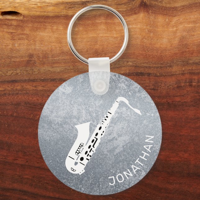 Minimal Modern Grey Saxophone Saxo Personalized Keychain (Front)