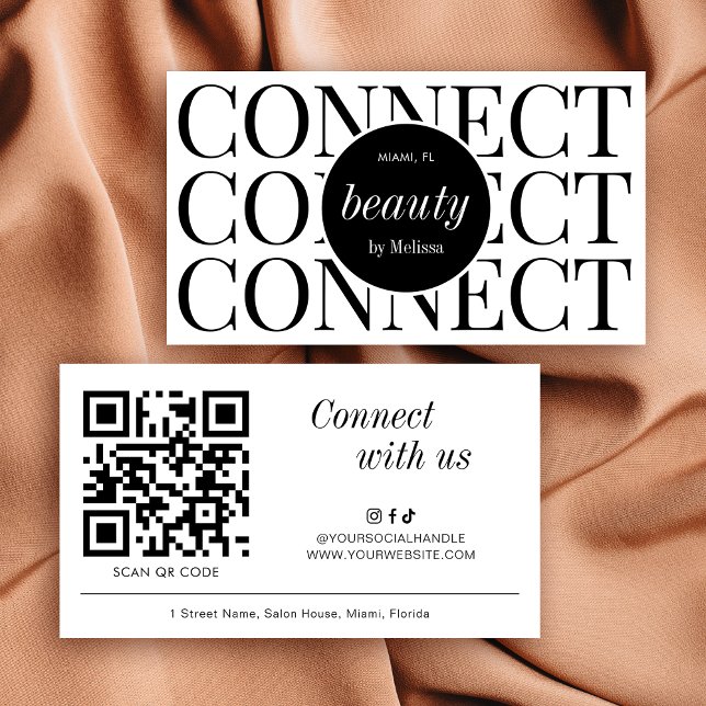 Minimal Modern Let's Connect QR Code Social Media Business Card (minimalist QR code business cards in modern black and white design with fully editable text & colors)