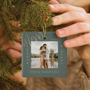 Minimal Modern Married & Merry Gold Script 2 Photo Ceramic Ornament
