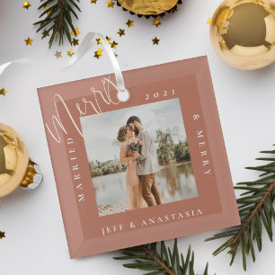 Minimal Modern Married & Merry Gold Script Photo Glass Ornament
