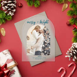 Minimal Modern Merry Bright Arch Christmas Photo Acrylic Invitations
