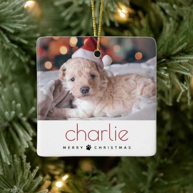Minimal Modern Merry Christmas Pet Dog Photo Ceramic Ornament (Tree)