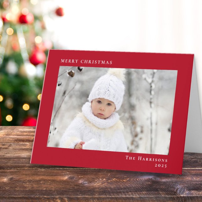 Minimal Modern Merry Christmas Red Photo Holiday Card (Share the love and warmth of the season with your personalized photo Christmas card)