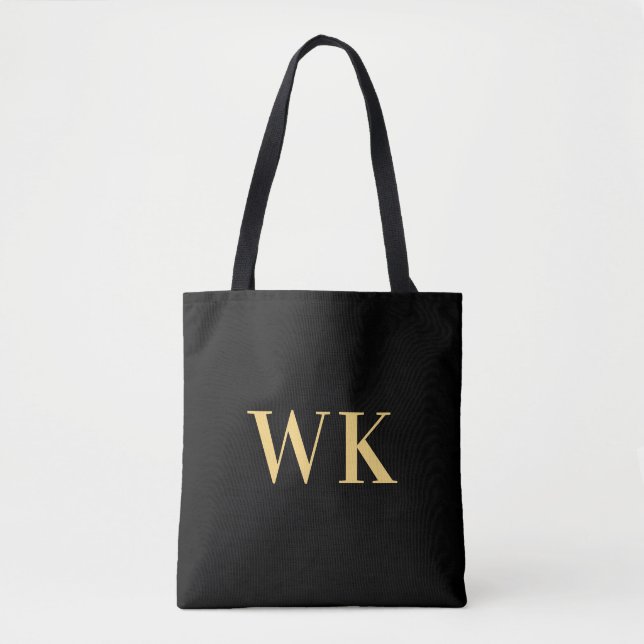Minimal Modern Monogram Black Gold Tote Bag (Front)
