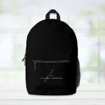 Minimal Modern Monogram Black Printed Backpack<br><div class="desc">Minimal modern black backpack personalized with your monogram initials in a dark gold script and your name in simple white typography.</div>