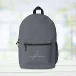 Minimal Modern Monogram Grey Printed Backpack<br><div class="desc">Minimal modern dark grey backpack. Personalize with your monogram initials and name in a mix of a chic dark grey script and simple white typography.</div>