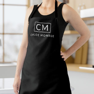Minimal Modern Monogram Name Classic Black White Apron