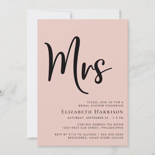 Minimal Modern Mrs Blush Pink Bridal Shower Invitation (Front)