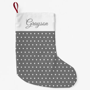 Minimal Modern Name Grey and White Polka Dot Small Christmas Stocking