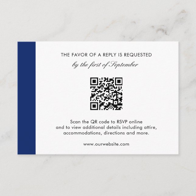 Minimal Modern Navy Blue QR Code Elegant Wedding RSVP Card (Front)