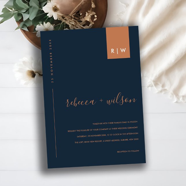 MINIMAL MODERN NAVY BLUE RUST TYPOGRAPHY WEDDING INVITATION (Creator Uploaded)