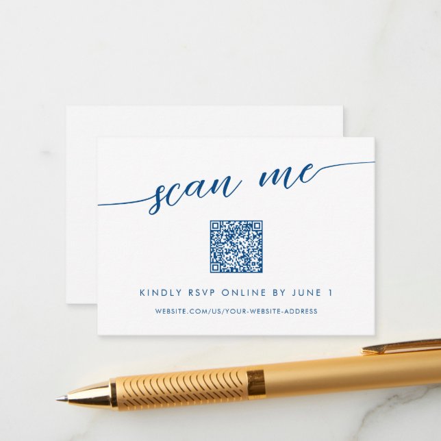 Minimal Modern Navy Blue Scan Me QR Small RSVP Enclosure Card (Front/Back In Situ)