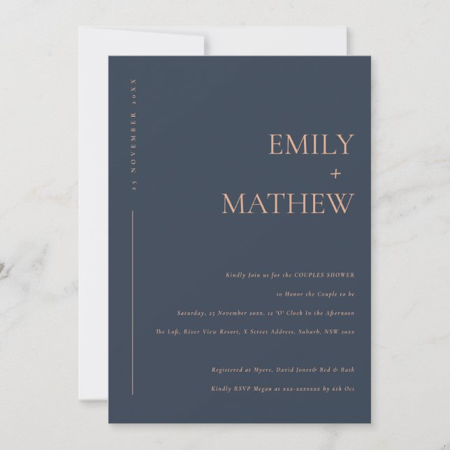 MINIMAL MODERN NAVY RUST TYPOGRAPHY COUPLES SHOWER INVITATION (Front)