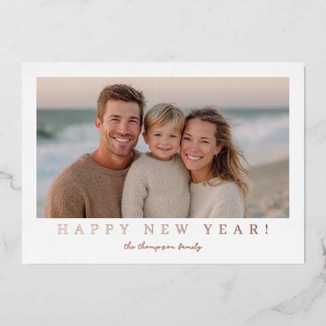 Minimal Modern New Year Photo Foil Holiday Card (Front)