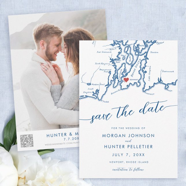 Minimal Modern Newport Rhode Island Map Save The Date (Newport Rhode Island Elegant Modern Minimal Wedding Save the Date with Photo and QR cod)
