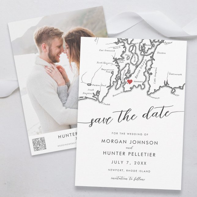 Minimal Modern Newport Rhode Island Map Save The Date (Newport Rhode Island wedding save the date modern minimal black and white from Coastal Map Designs)