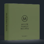 Minimal Modern Olive Family Monogram Recipe Binder<br><div class="desc">Modern recipe binder features a minimalist design in an olive green and black colour palette. Personalized family name presented in the centre in stylish simple font with a complimentary minimal monogram medallion. Shown with a custom name and monogram initial on the front in modern typography, this personalized family recipe binder...</div>
