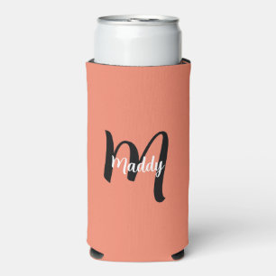 Minimal Modern Orange Monogram Name + Initial Seltzer Can Cooler