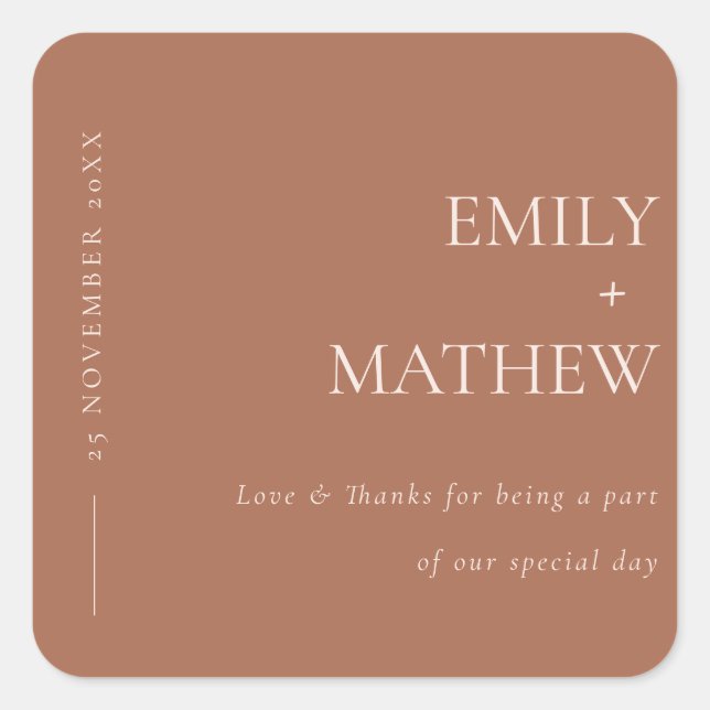 MINIMAL MODERN ORANGE RUST TYPOGRAPHY WEDDING SQUARE STICKER (Front)