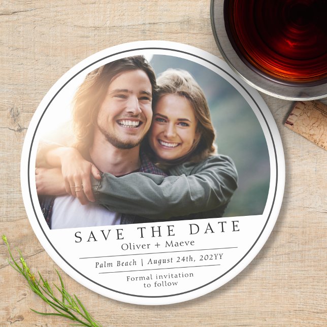 Minimal Modern Photo Black White Save The Date Round Paper Coaster (Creator Uploaded)