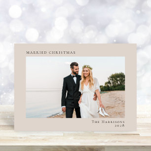 Minimal Modern Photo Married Christmas Taupe Holiday Card