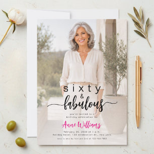 Minimal Modern Photo Pink 60th Birthday Party Invitation