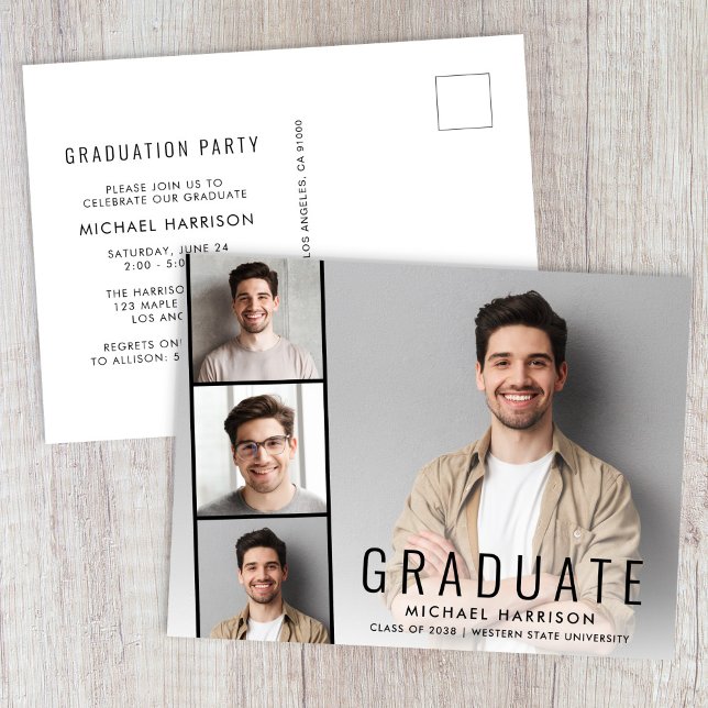 Minimal Modern Photo Strip Graduation Party Invitation Postcard (Minimal Modern Photo Graduation Party Invitation Postcard)