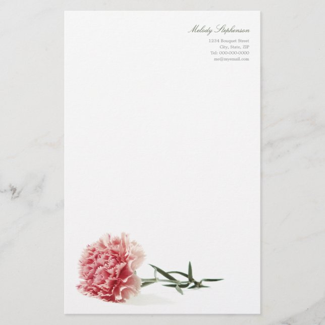 Minimal Modern Pink Carnation Personal Stationery (Front)