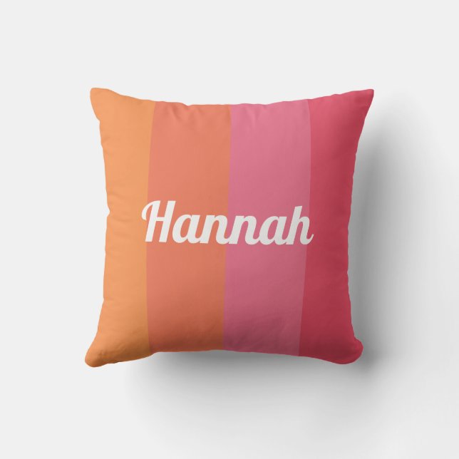 Minimal Modern Pink Orange Stripes Personalized Throw Pillow (Back)
