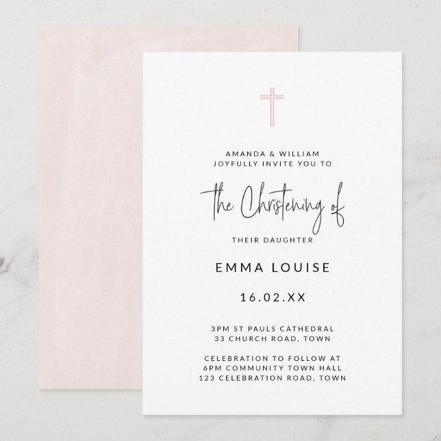 Minimal Modern Pink Watercolor Script  Christening Invitation (Front/Back)